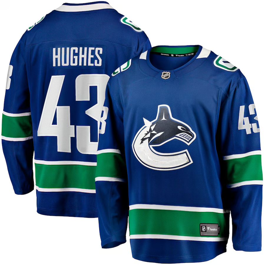 Men Vancouver Canucks 43 Quinn Hughes Fanatics Branded Blue Home Breakaway NHL Jersey